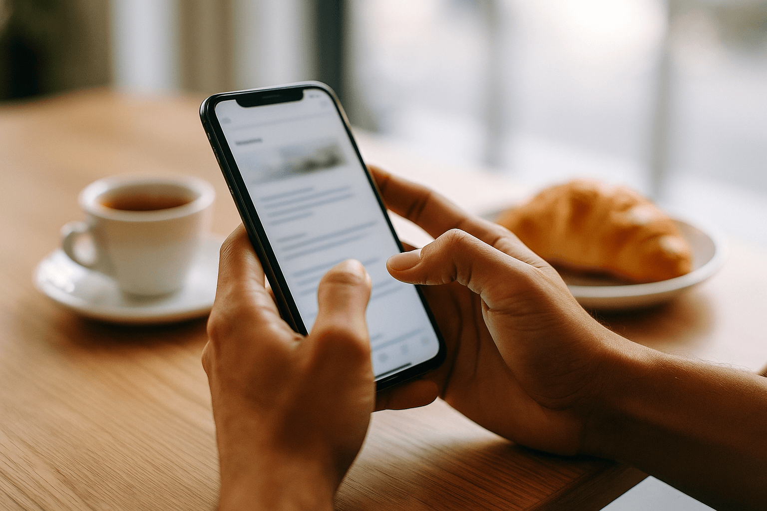 Hands holding a smartphone loading a webpage at a cafe table