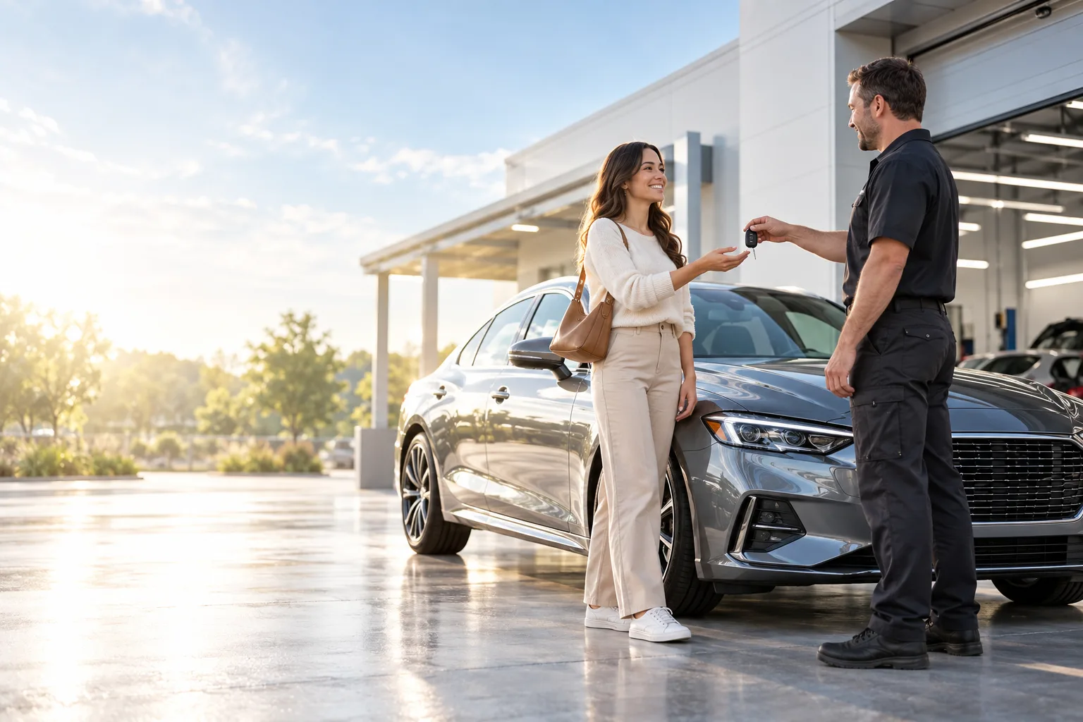 A freshly repaired car handed back to a smiling customer outside a body shop