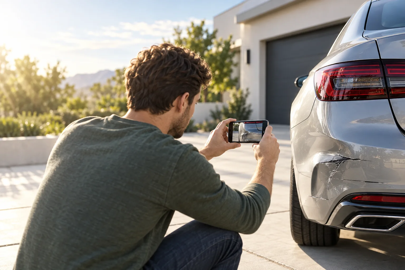 A driver photographing a dented bumper in a driveway before searching for a body shop