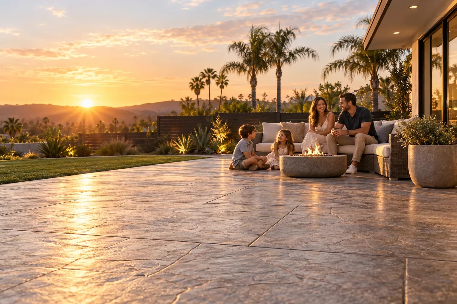A finished stamped concrete patio at golden hour with a family enjoying it