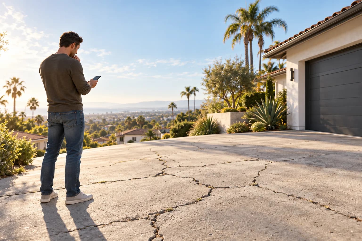 A homeowner on a cracked driveway with a phone, planning a replacement