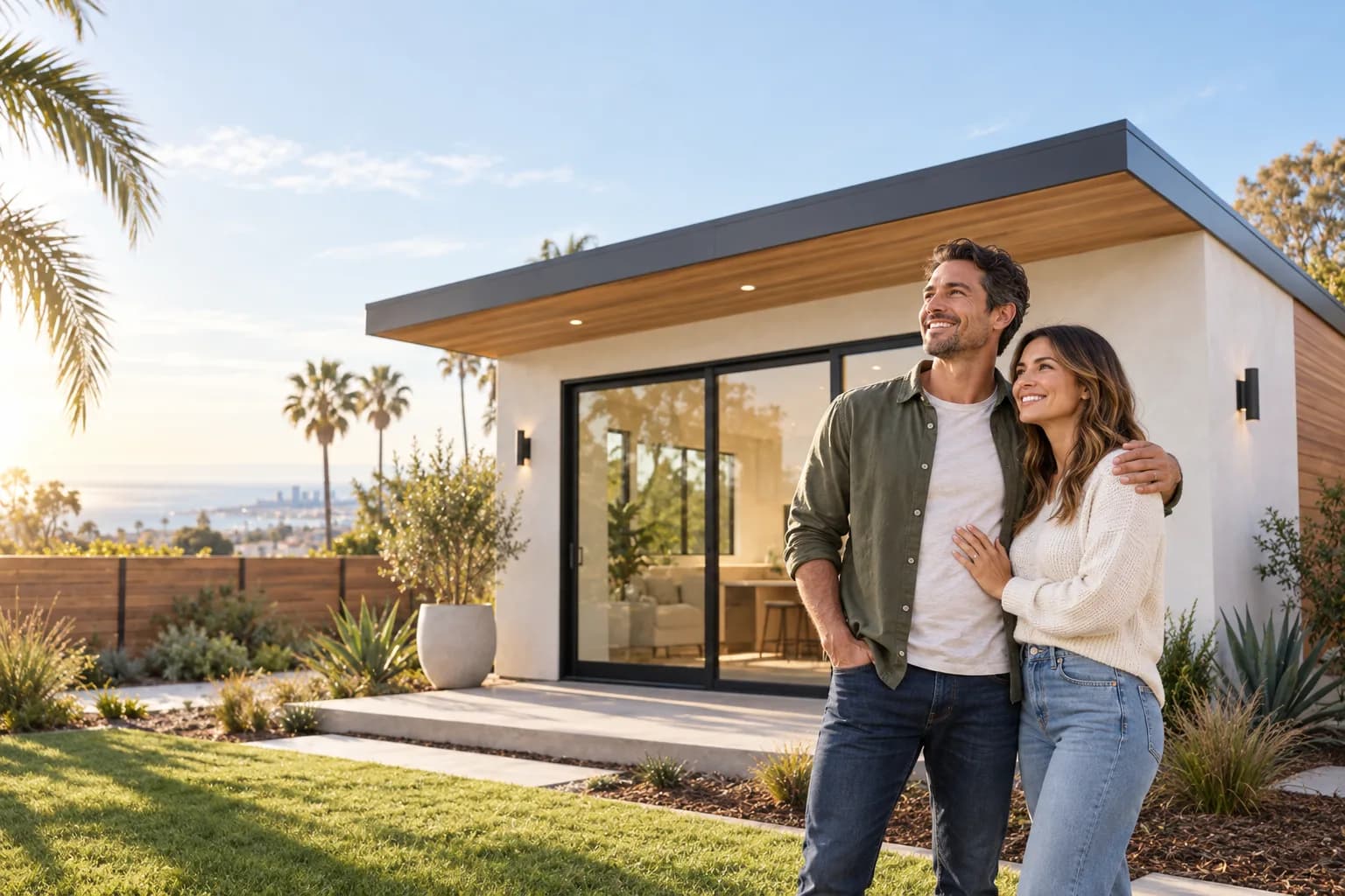 A completed modern ADU in a San Diego backyard with its owners in front