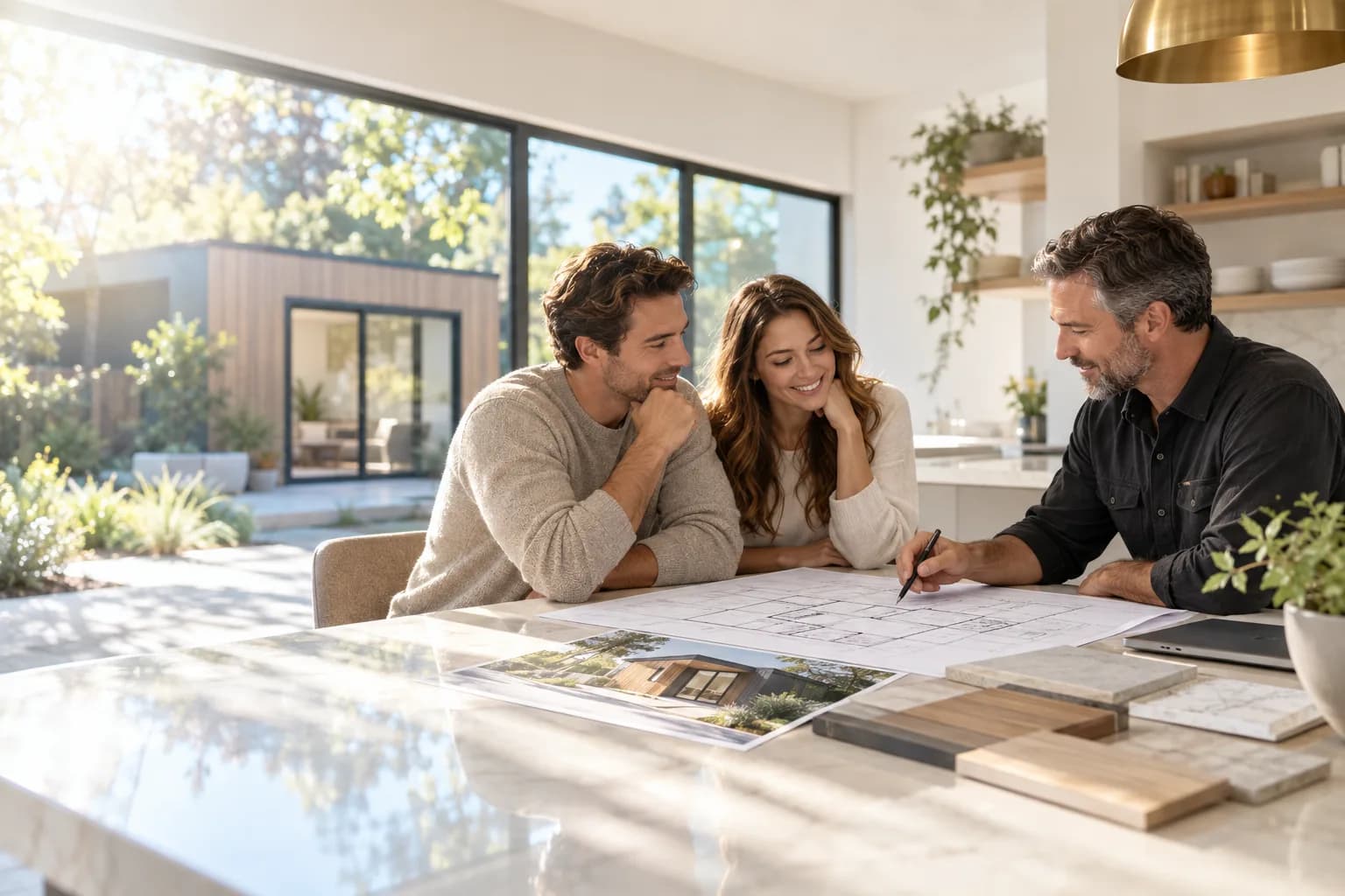 A couple reviewing ADU plans with a contractor at their kitchen table
