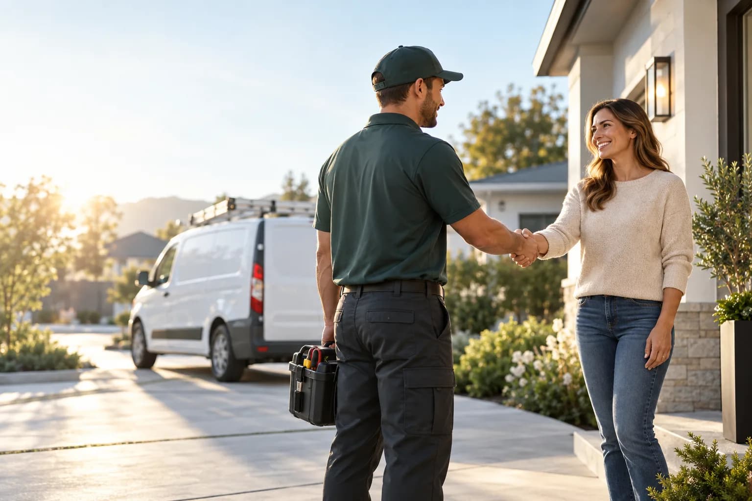 A technician shaking hands with a relieved homeowner, the work van in the driveway