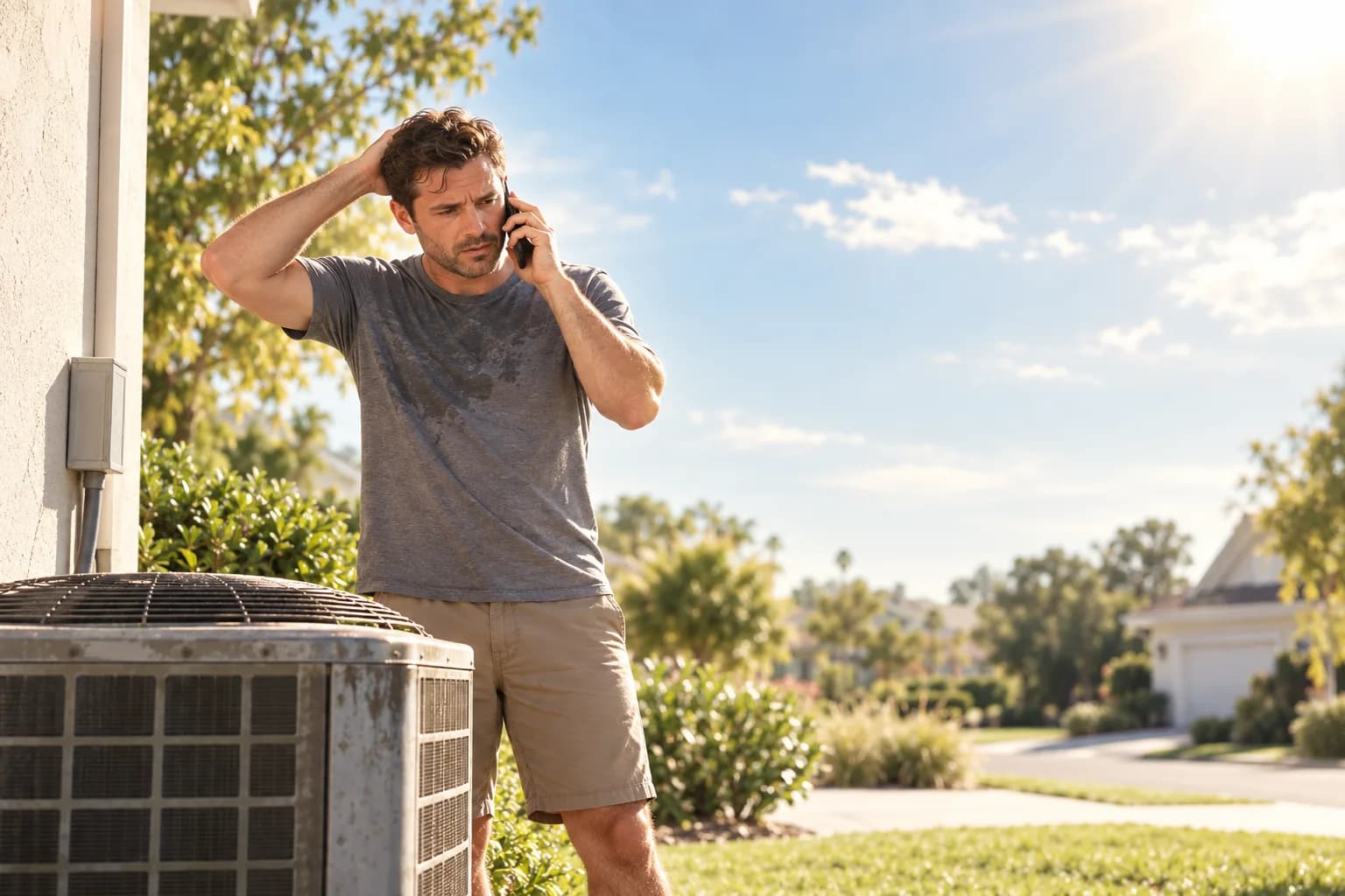 A homeowner on a phone beside an old air conditioner on a hot afternoon