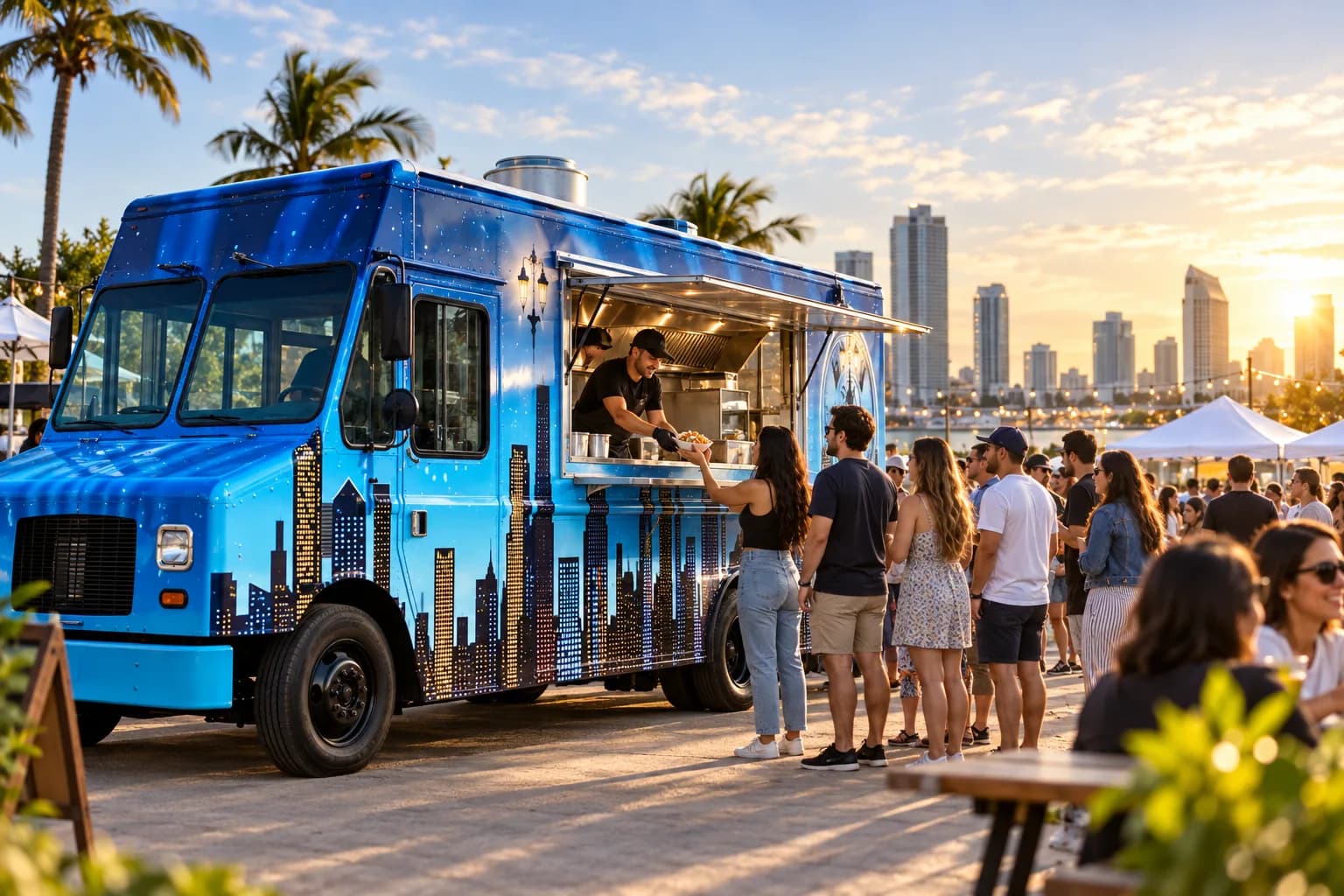 A finished custom food truck serving a line of customers at a busy event