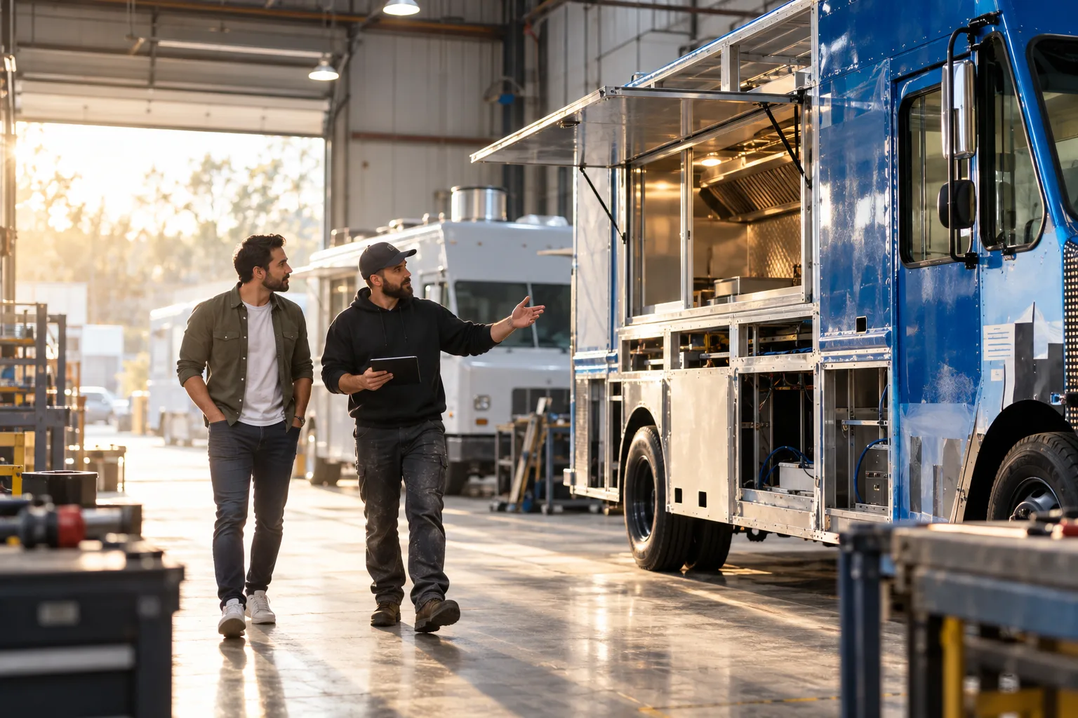 A food business owner walking through a fabrication shop with the builder