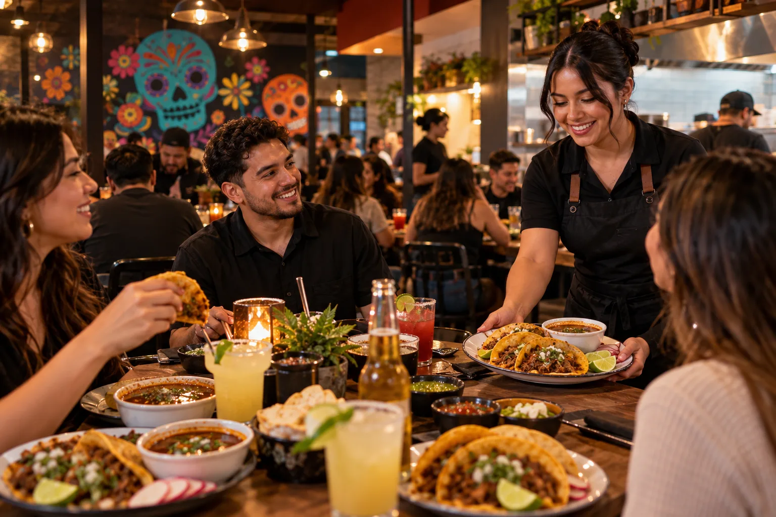 A full dining room at a San Diego birria restaurant at dinner