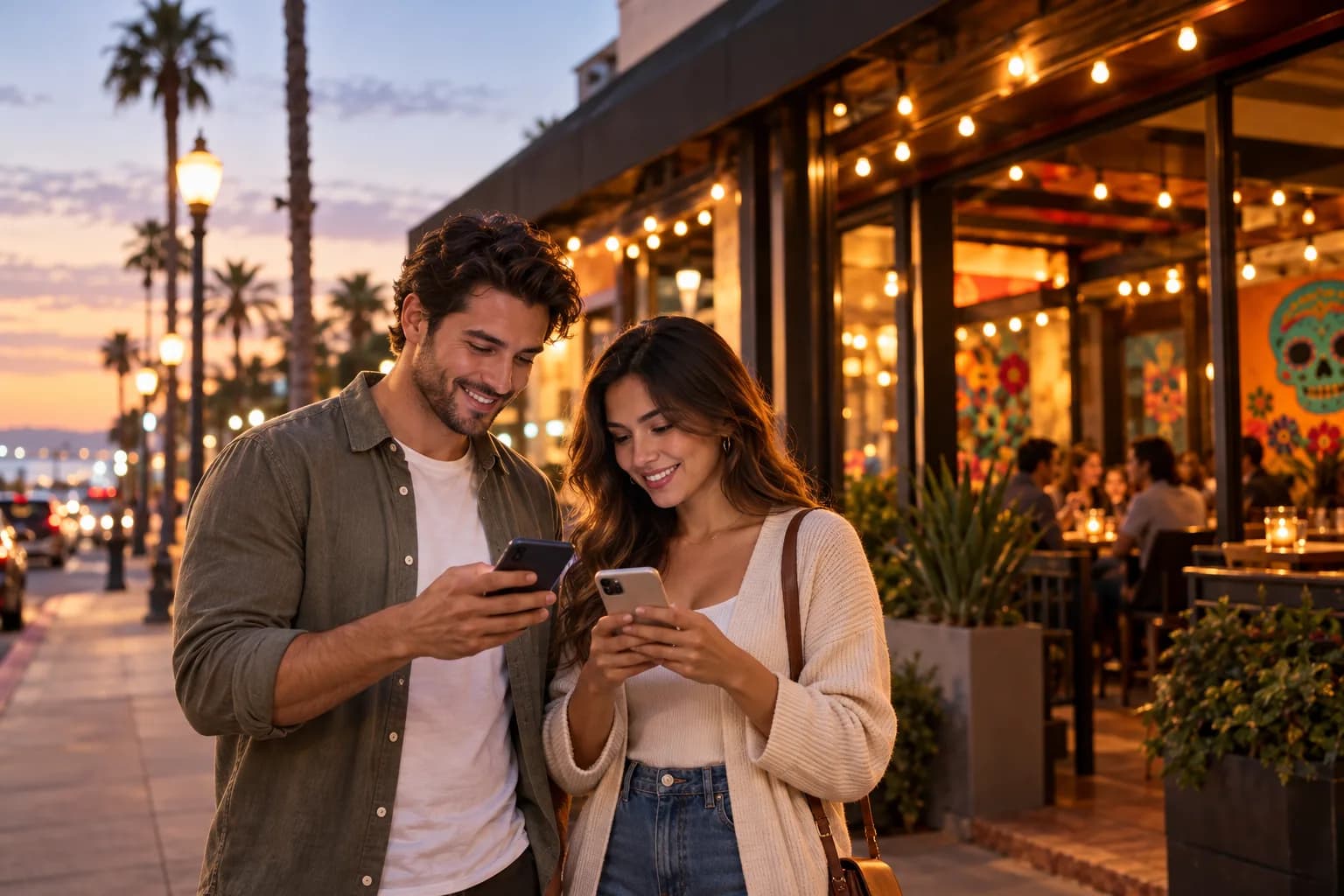 A couple on a San Diego sidewalk at dusk choosing where to eat on their phones