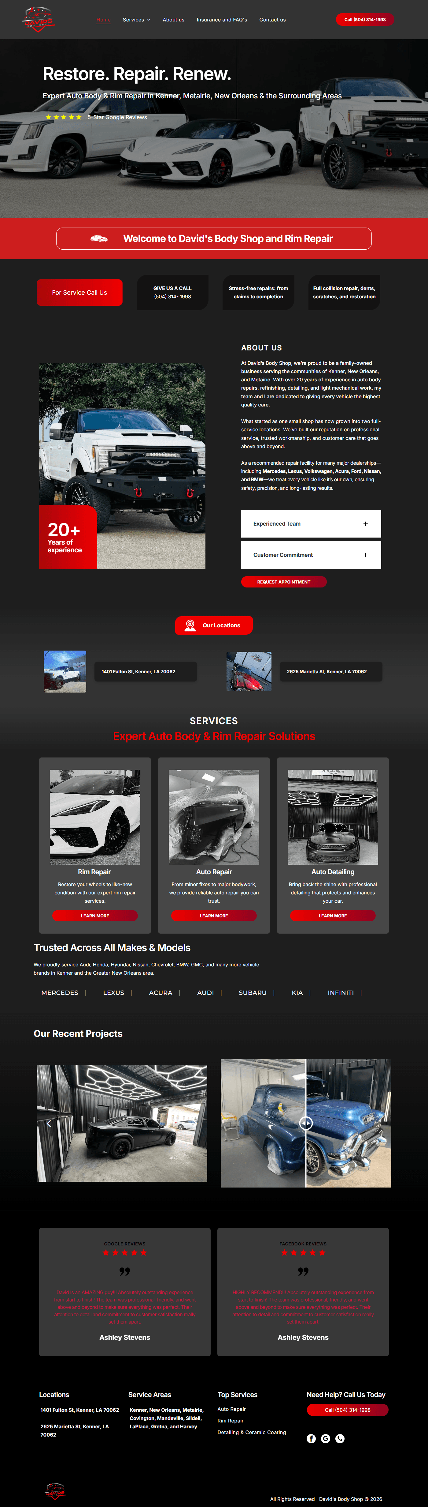 Full-page screenshot of the David's Body Shop website design