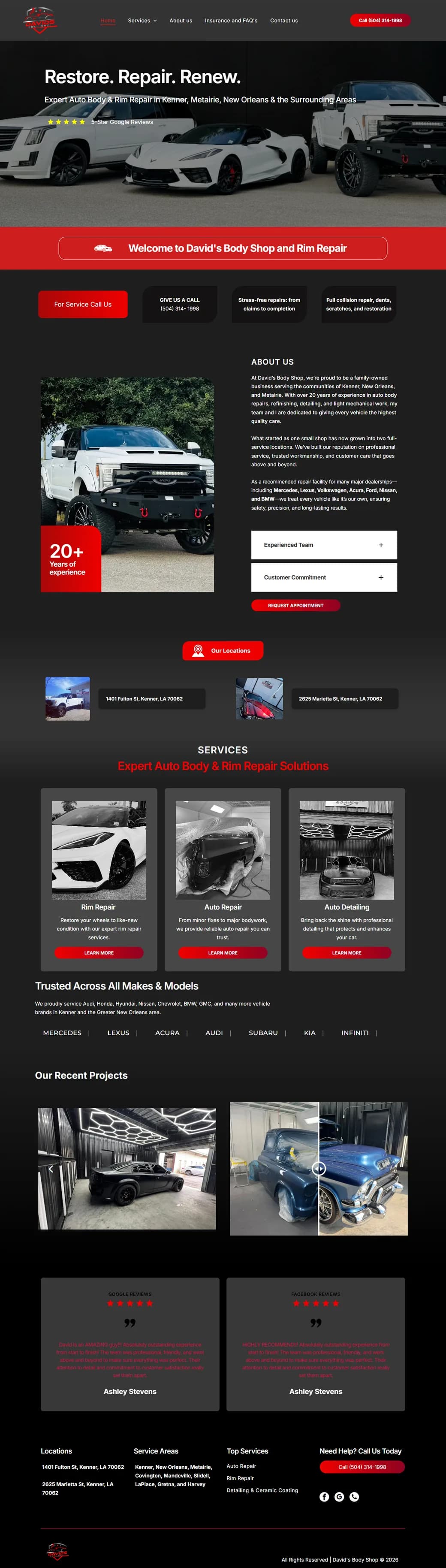 Full-page screenshot of the David's Body Shop website design