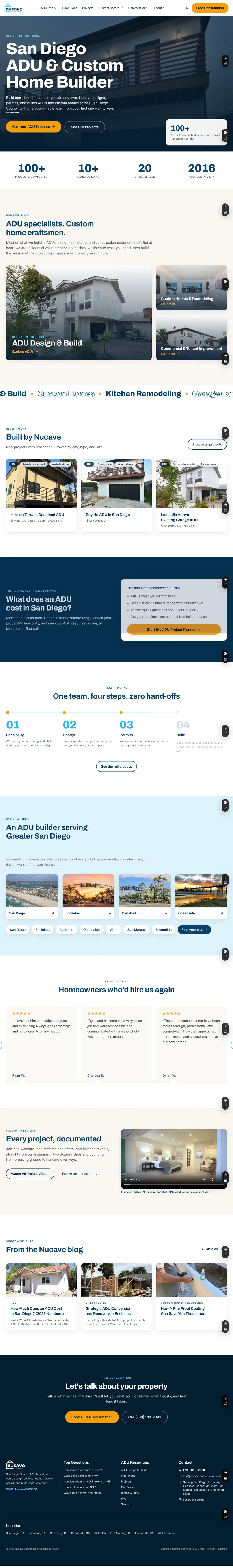 The Nucave Construction website we built, shown from the top of the homepage