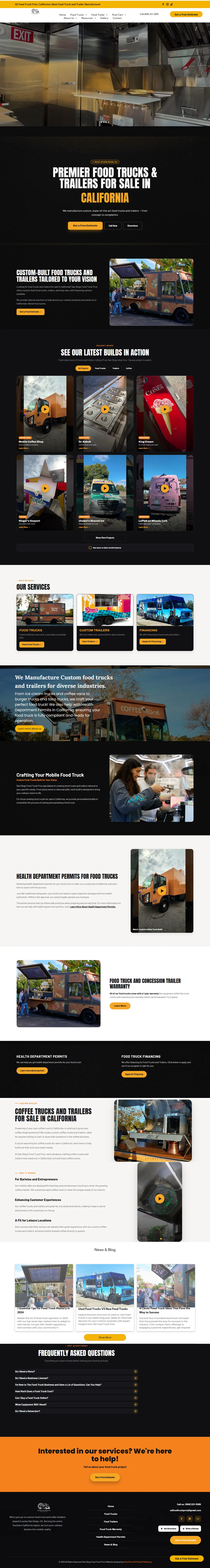 Full-page screenshot of the SD Food Truck Pros website we built, with the vehicle portfolio, financing and quote request paths
