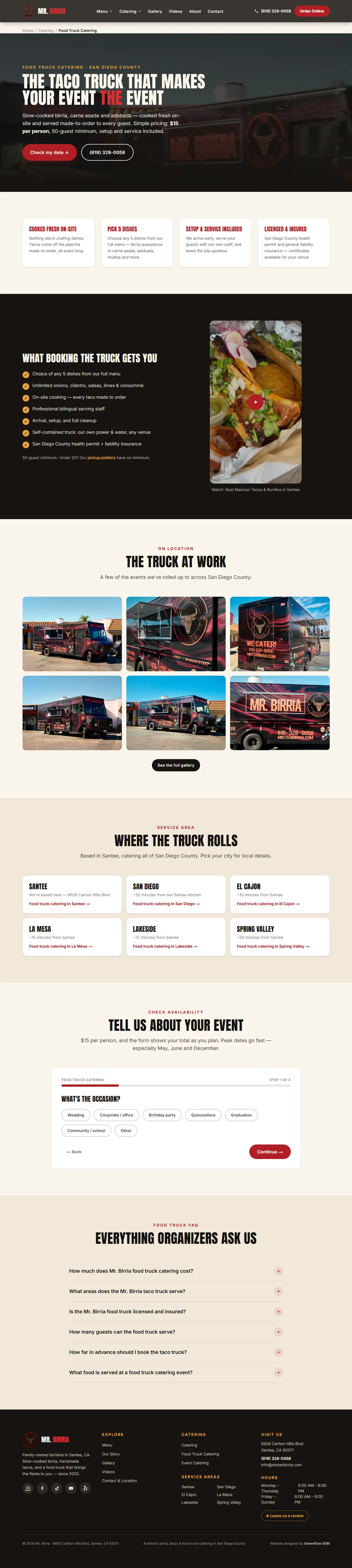 Mr. Birria food truck catering page with multi-step lead form