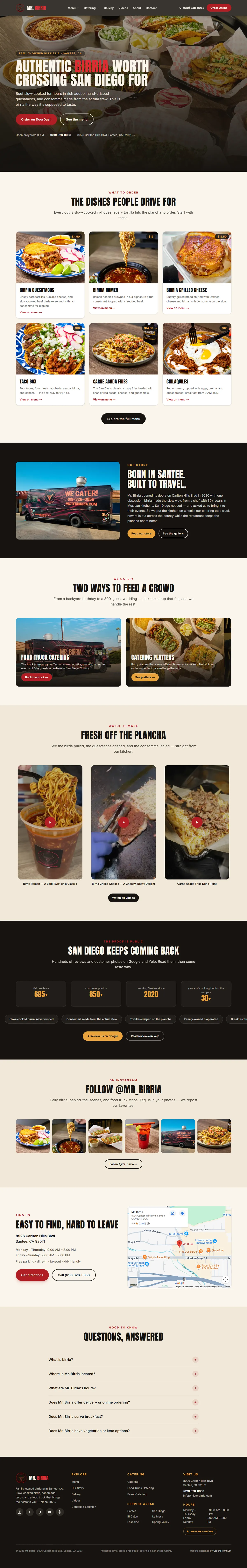 The custom-coded misterbirria.com homepage: dish-first design with prices and DoorDash ordering