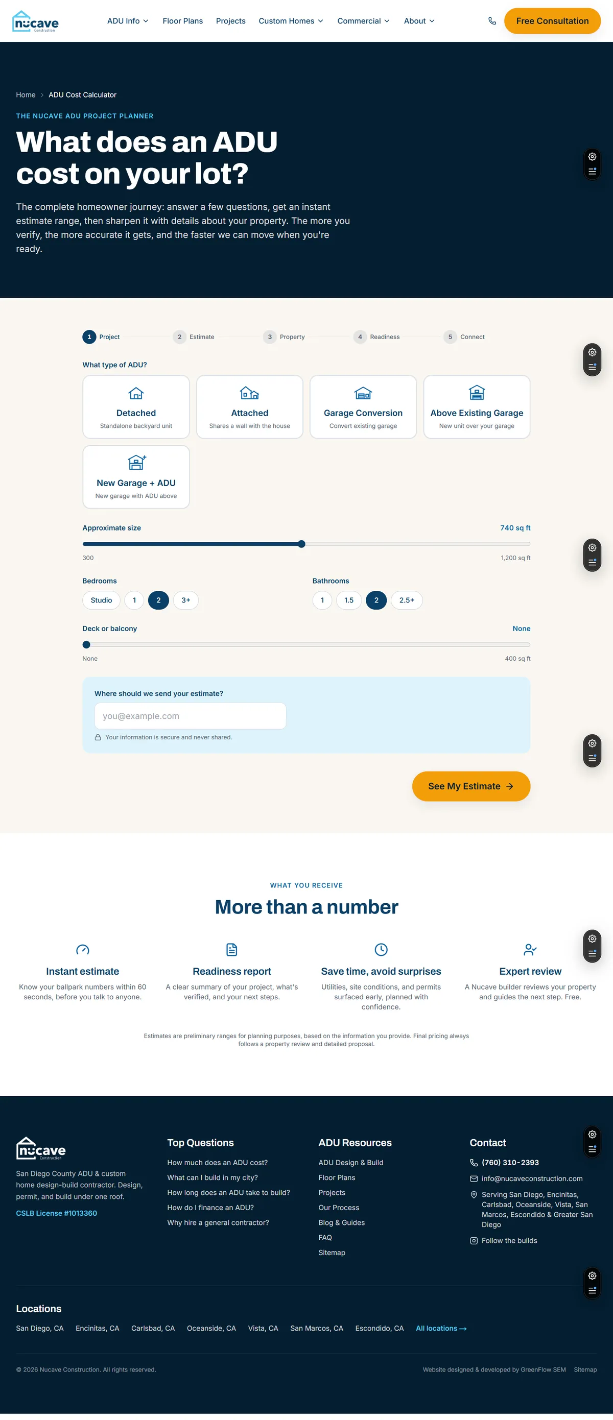 The Nucave ADU Cost Planner page with the interactive 5-step estimate tool