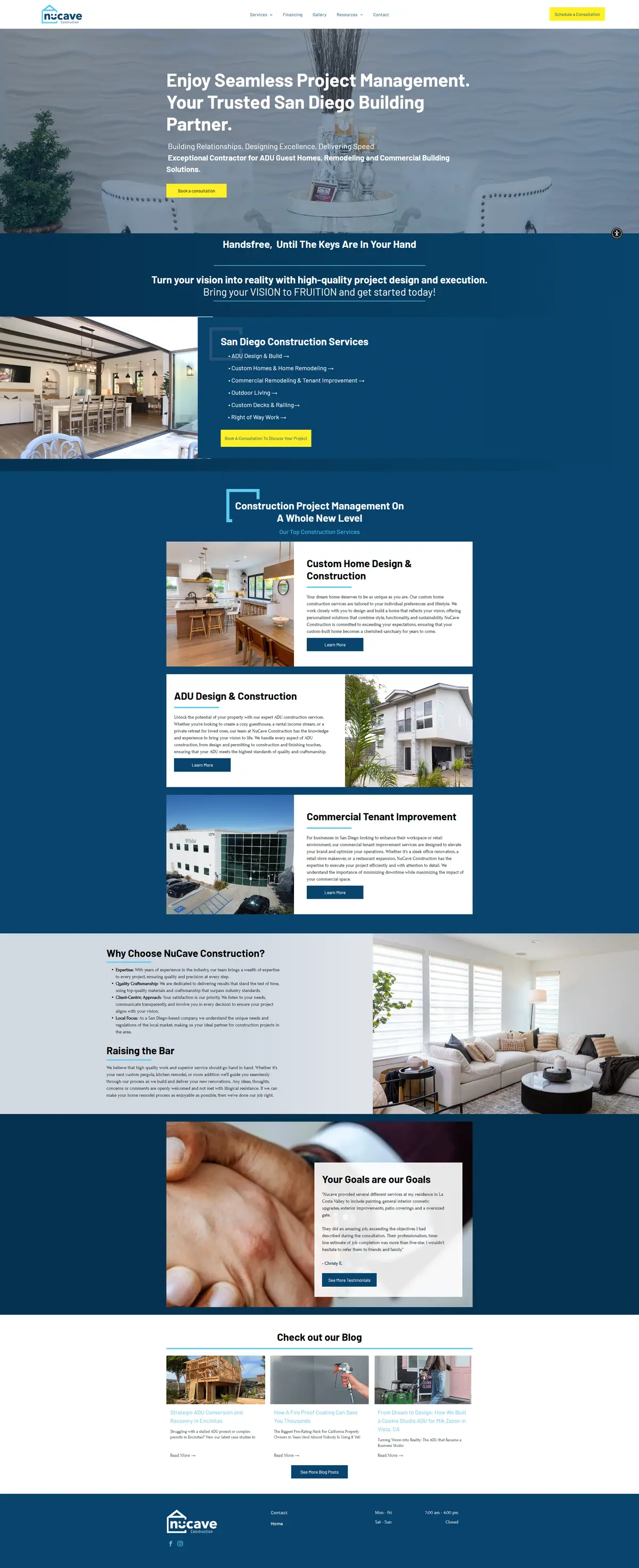 The old Nucave Construction homepage, full page, before the redesign