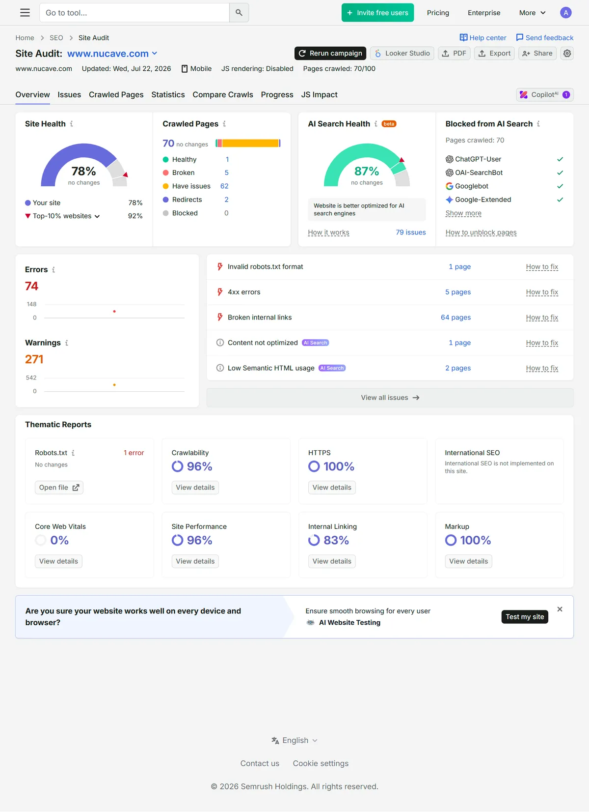 Full Semrush site audit of the old nucave.com site in July 2026: 78% site health, 74 errors, 87% AI Search Health