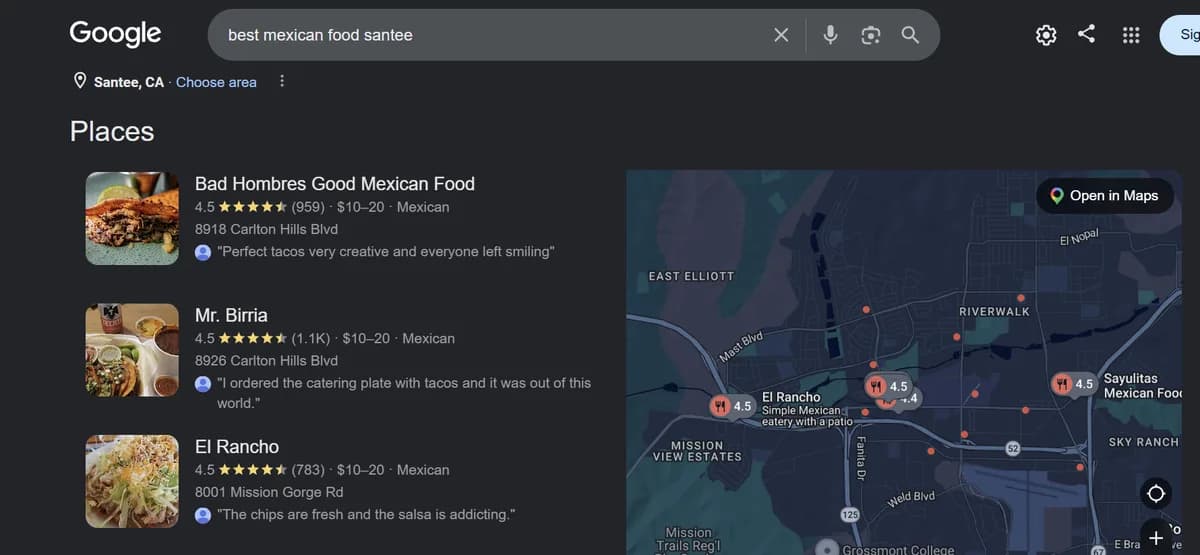 Google map pack for best mexican food santee showing Mr. Birria in second position
