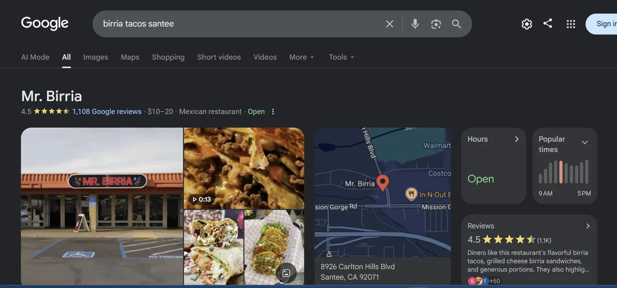 Google results for birria tacos santee showing the full Mr. Birria business panel with 1,108 reviews