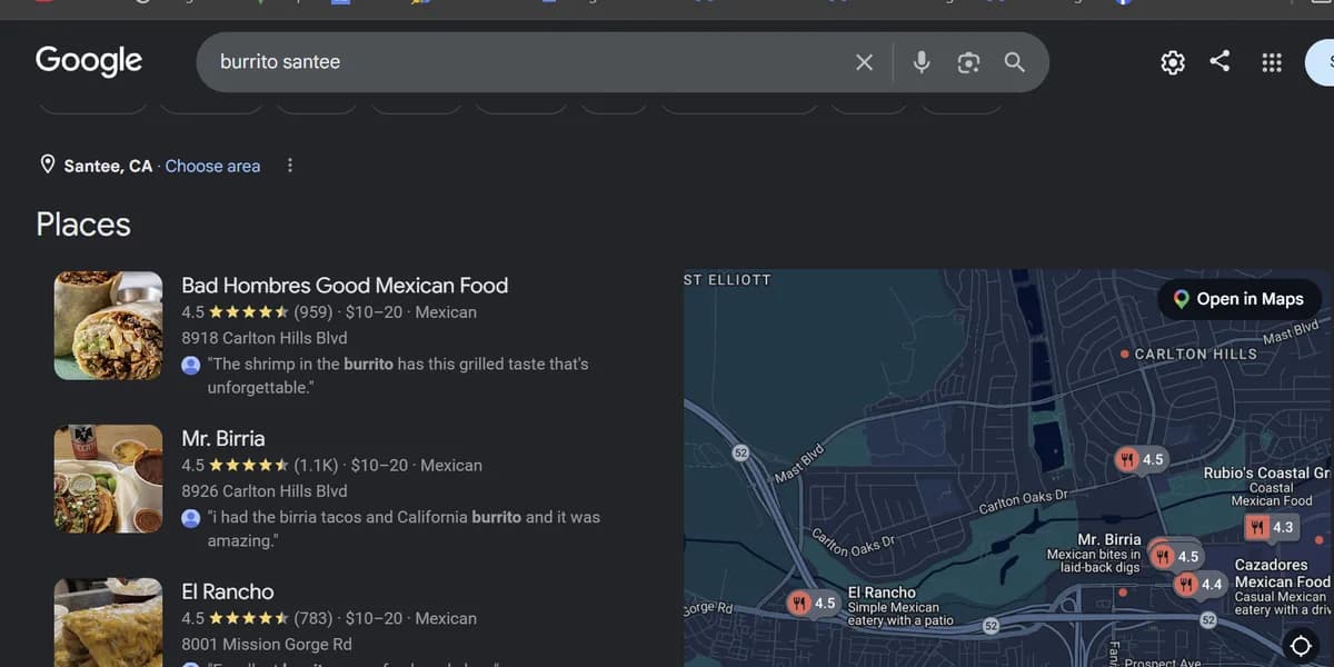 Google map pack for burrito santee showing Mr. Birria in second position