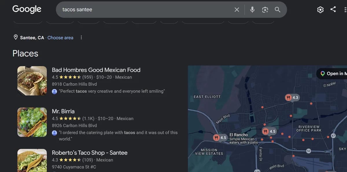Google map pack for tacos santee showing Mr. Birria in second position