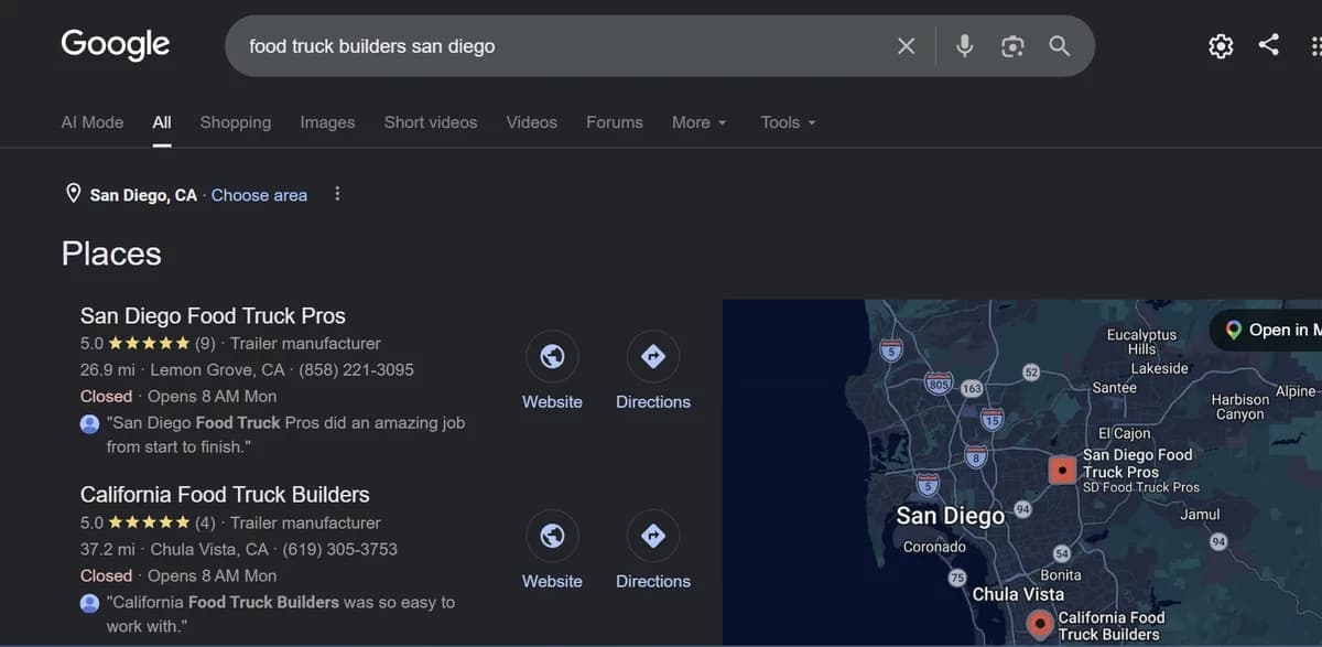 Google Places results for food truck builders san diego showing San Diego Food Truck Pros in first position