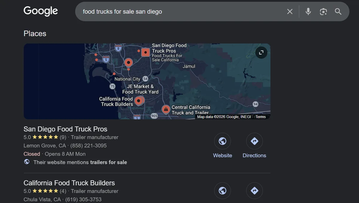 Google Places results for food trucks for sale san diego showing San Diego Food Truck Pros in first position