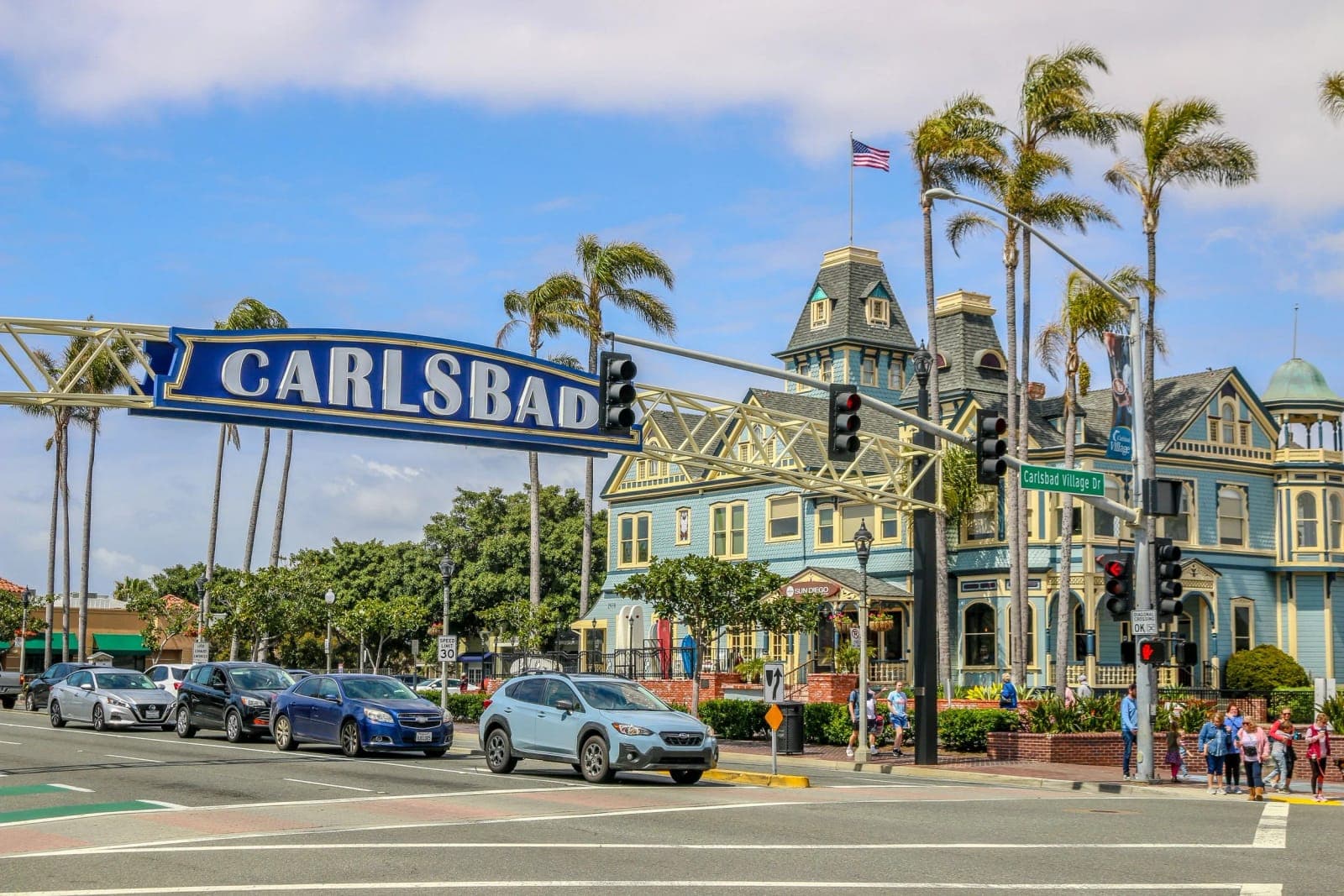 Carlsbad sign over Carlsbad Village Drive in downtown Carlsbad, California