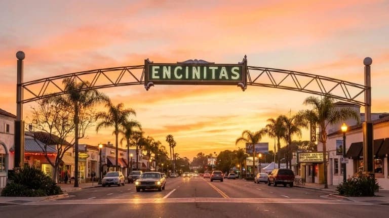 Encinitas arch sign over Coast Highway 101 at sunset in Encinitas, California