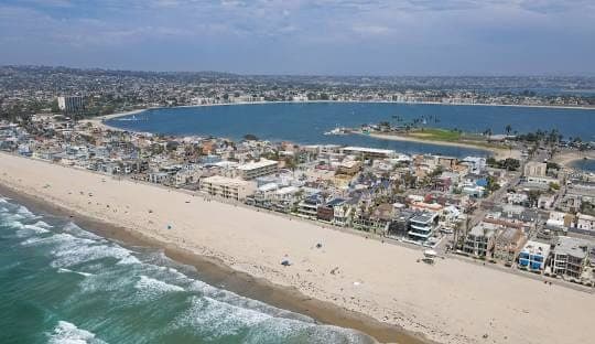 Aerial view of Mission Bay and the San Diego, California coastline