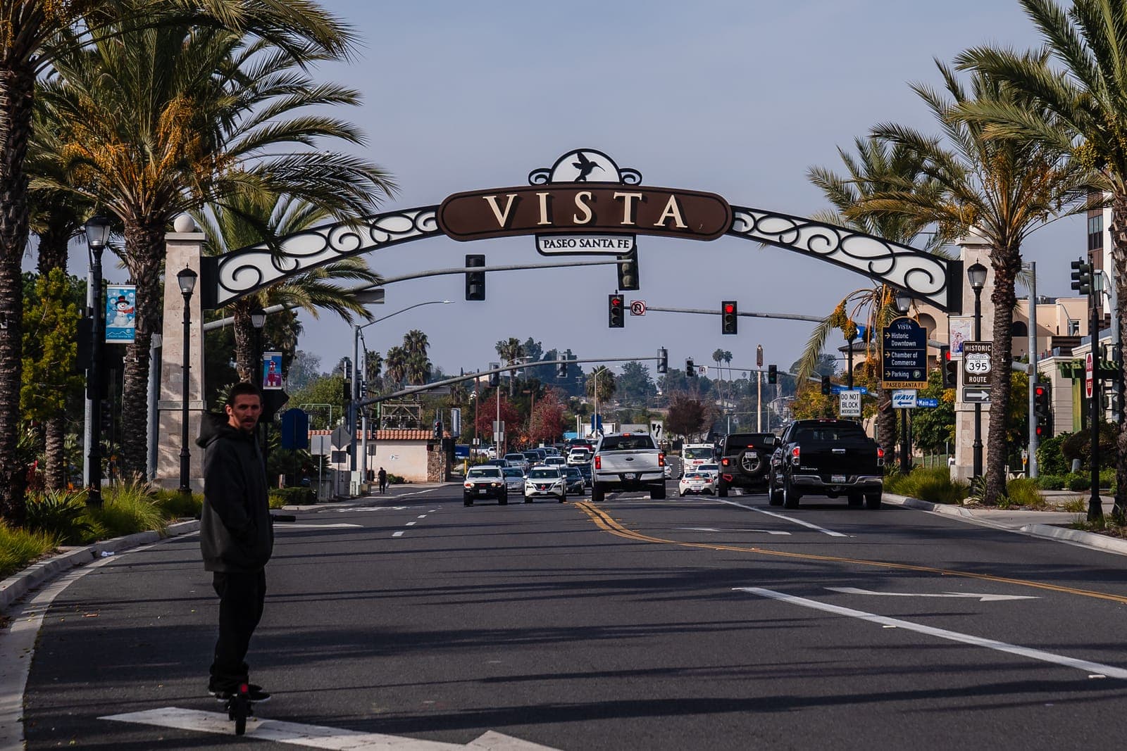 Paseo Santa Fe arch over the street in downtown Vista, California
