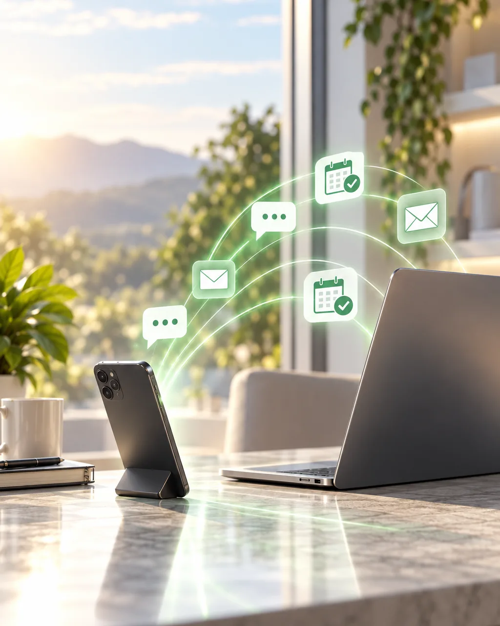 A small business owner's phone and laptop handling messages and bookings on their own