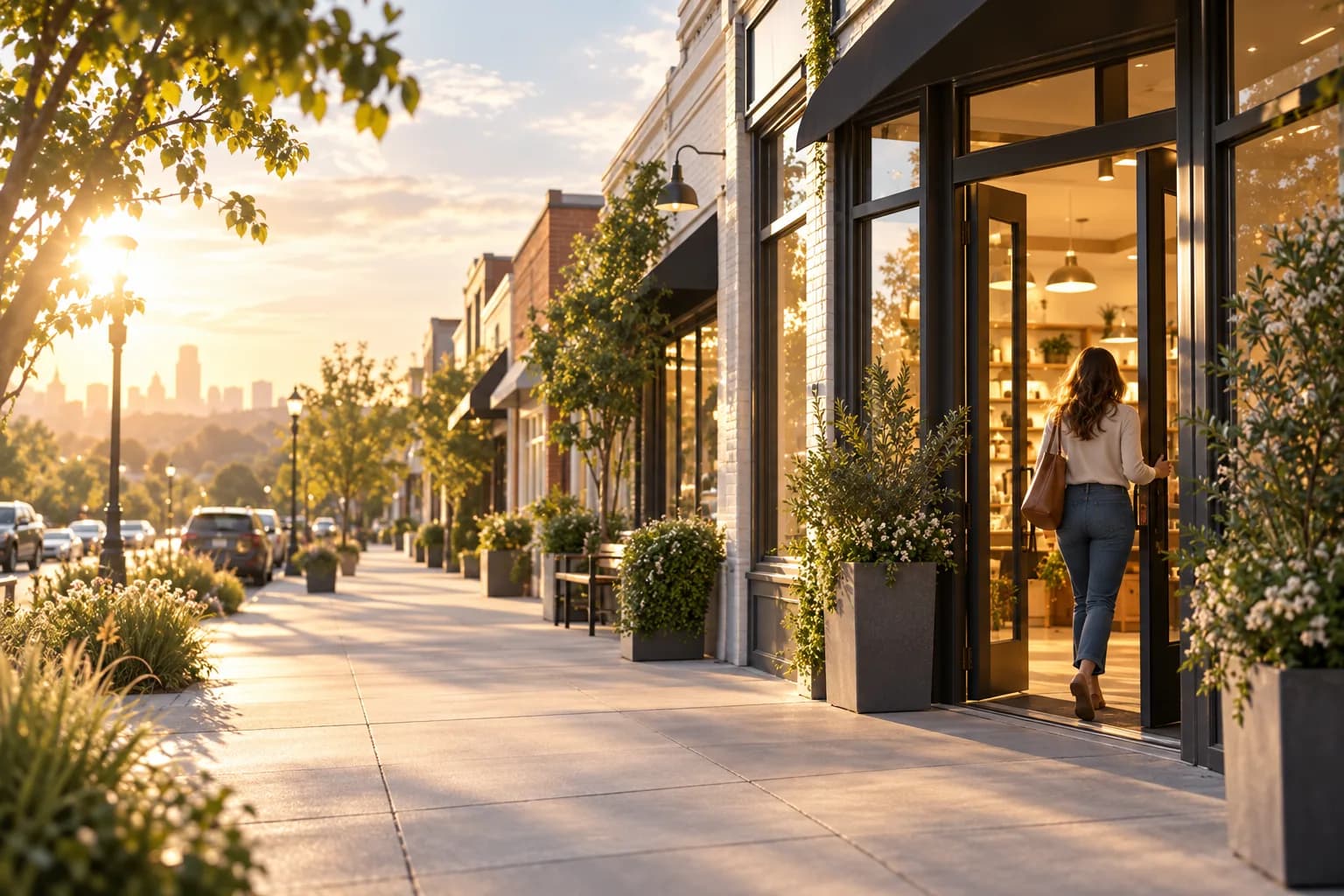 A street of small local businesses at golden hour, a customer walking into one