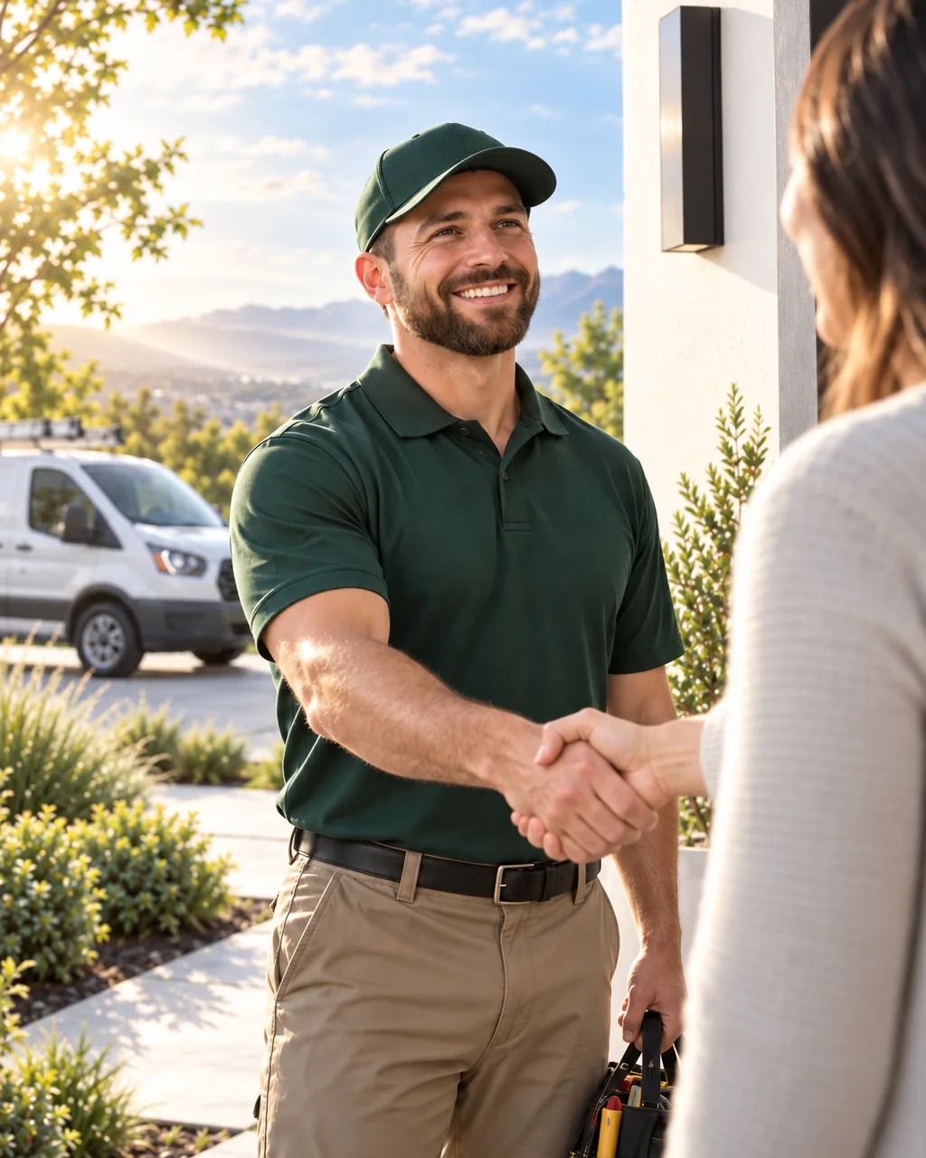 A home service pro shaking hands with a customer at the front door, the work van in the driveway