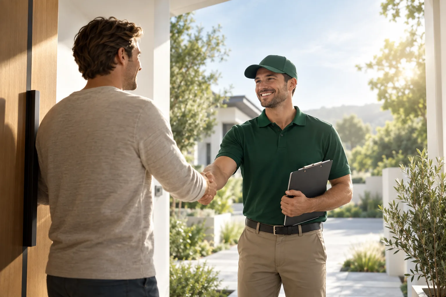 A homeowner at the front door reading a home service company's reviews on a phone
