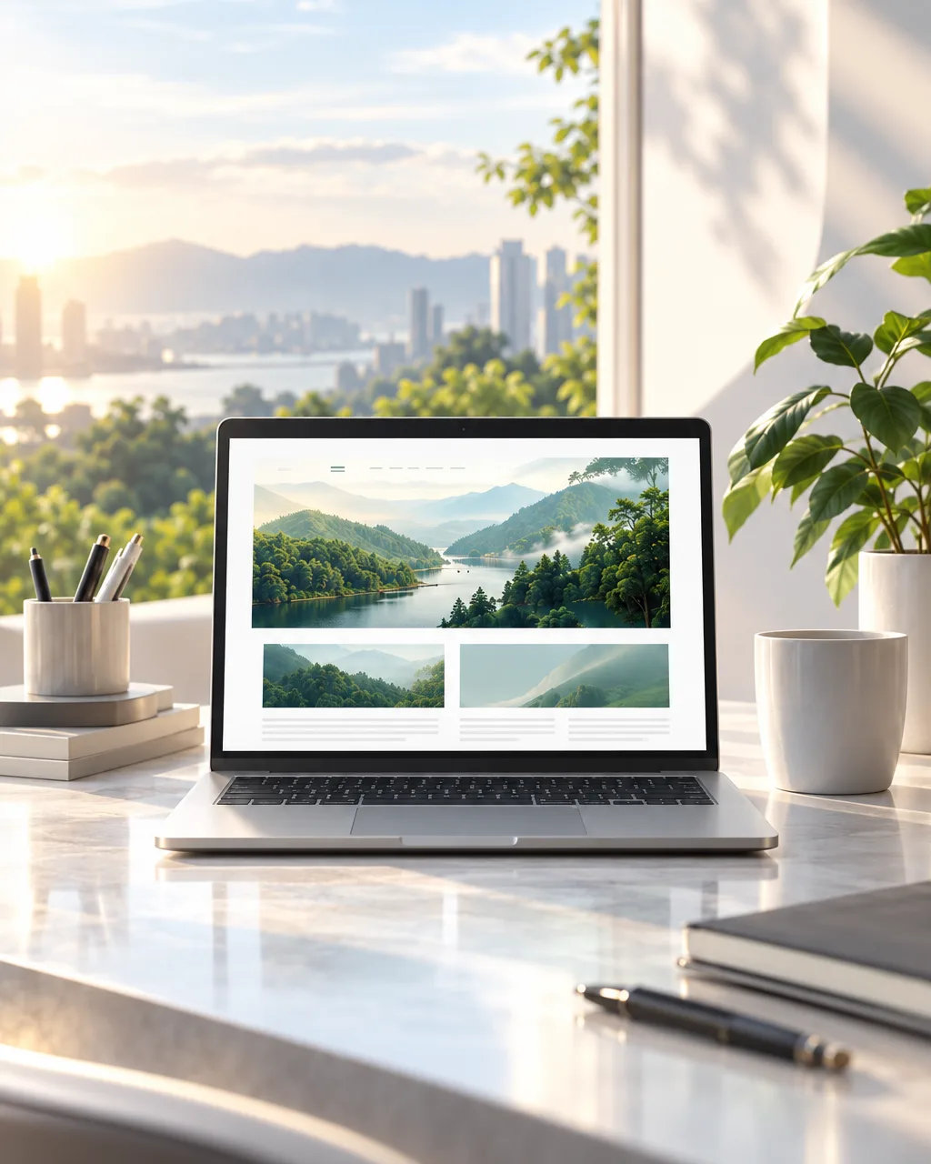 A modern business website open on a laptop in a clean workspace