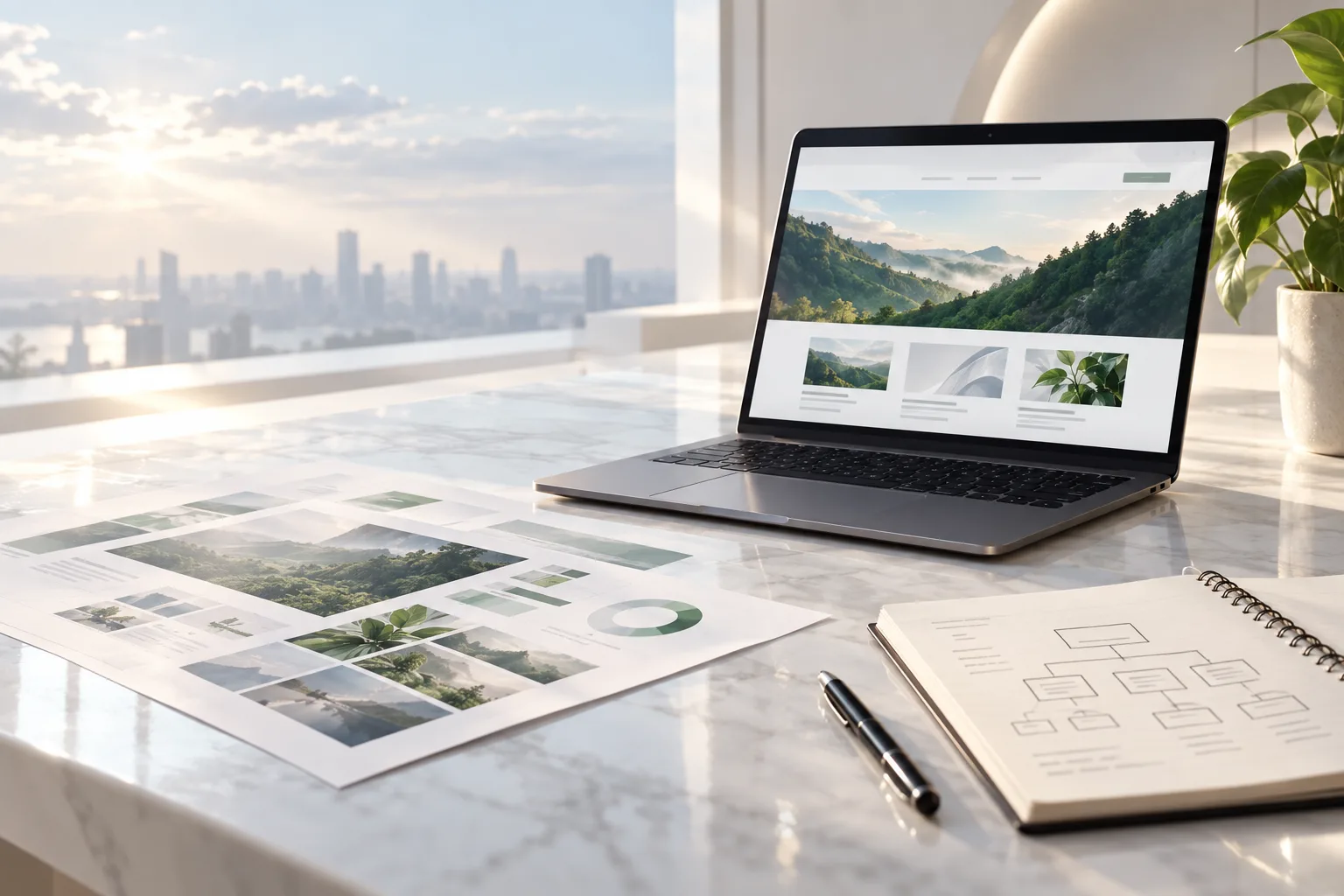 A content plan on a desk: printed pages, a laptop and a sketched site structure
