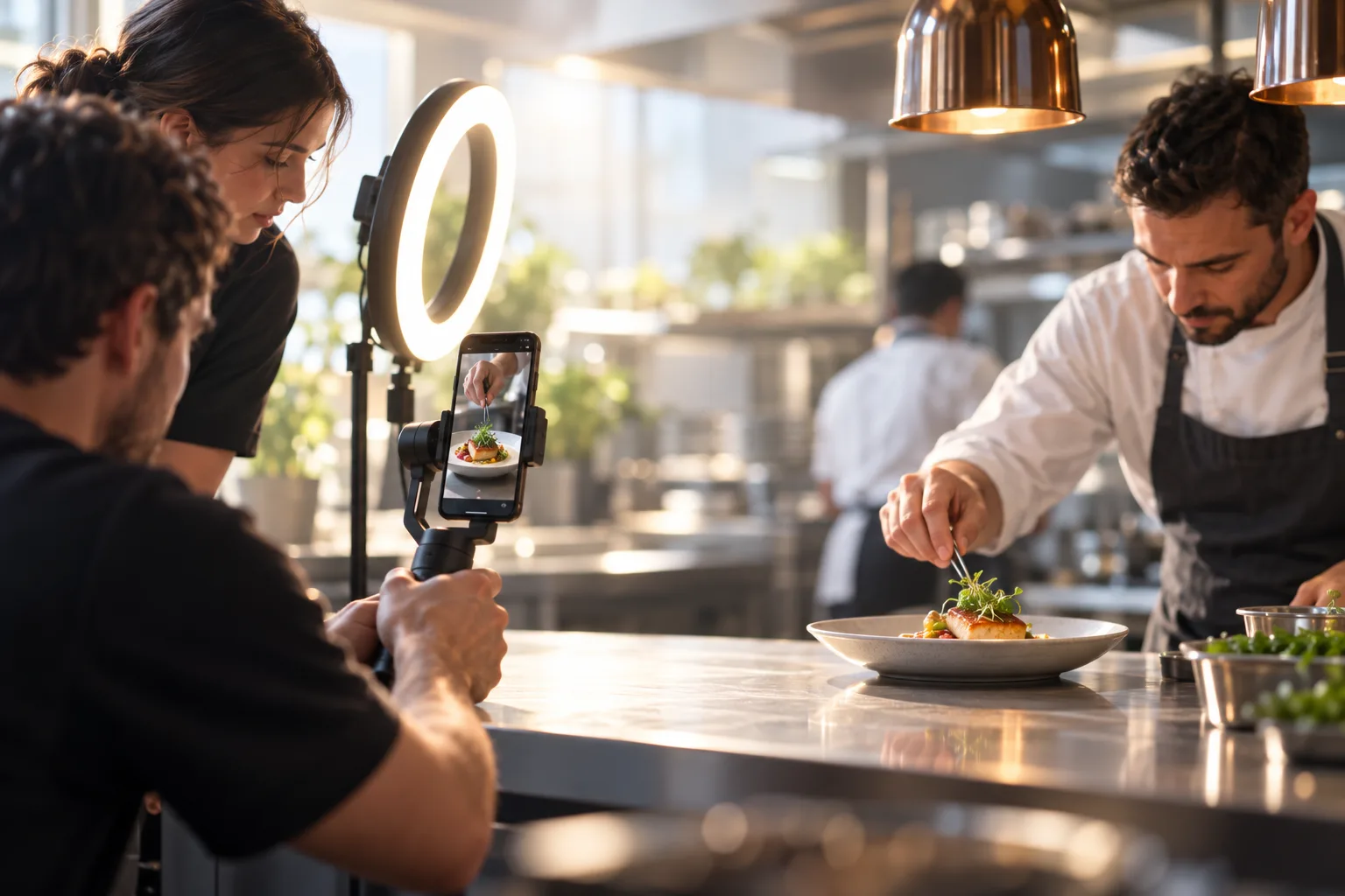 A small crew filming vertical video of food being plated in a restaurant kitchen