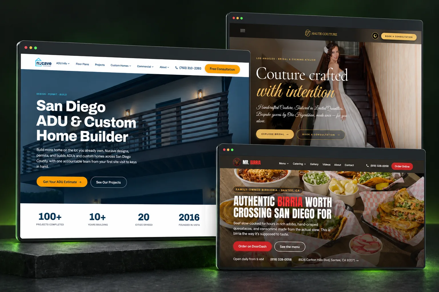 Three custom websites by Greenflow SEM: Nucave Construction, OT Haute Couture and Mr. Birria