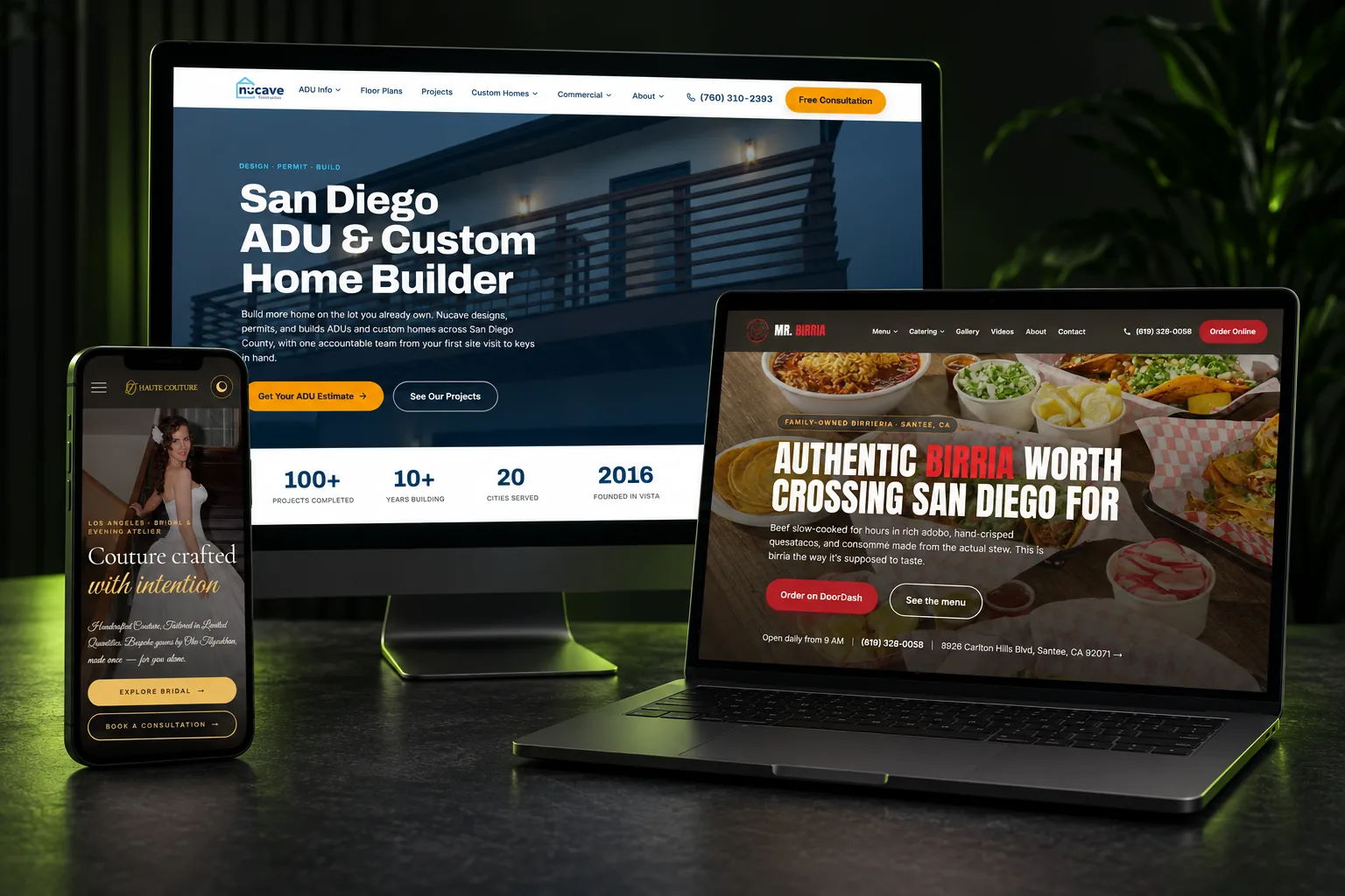Websites Greenflow SEM built for Nucave Construction, Mr. Birria and OT Haute Couture, shown on a desktop, a laptop and a phone