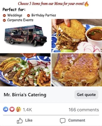 Mr. Birria catering ad on Facebook: choose 5 items from the menu for weddings, birthday parties and corporate events, with a Get quote button