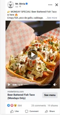 Mr. Birria Facebook ad for the Monday beer battered fish taco special, with a See menu button
