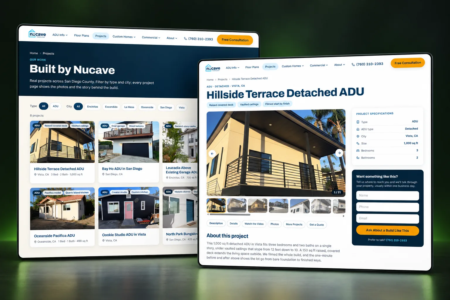 The new Nucave Construction website built by Greenflow SEM: the projects page with filters by type and city, and the Hillside Terrace Detached ADU project page with a photo gallery, project specifications and a quote form
