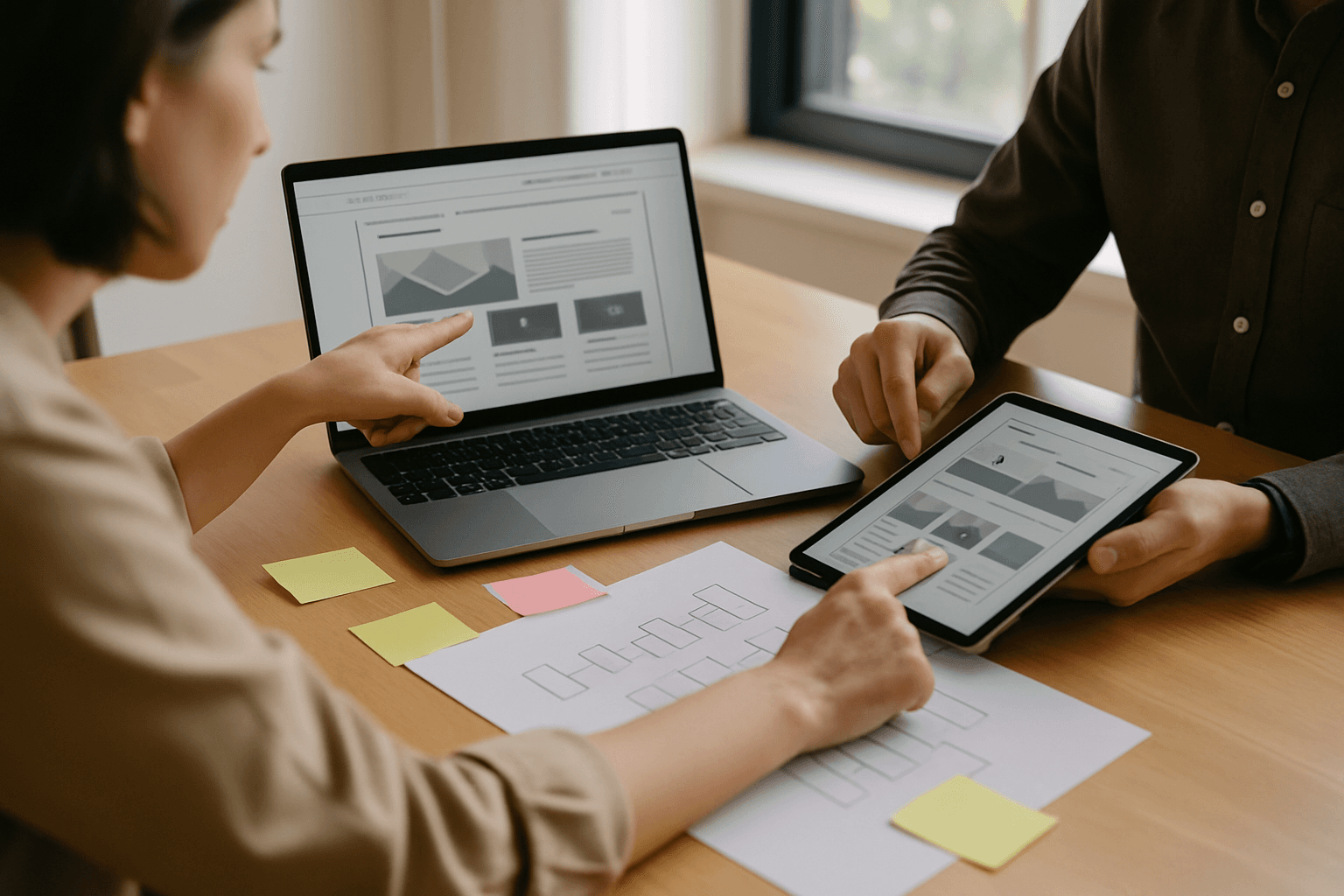 Two people reviewing website redesign mockups and a printed sitemap on a desk with a laptop and tablet