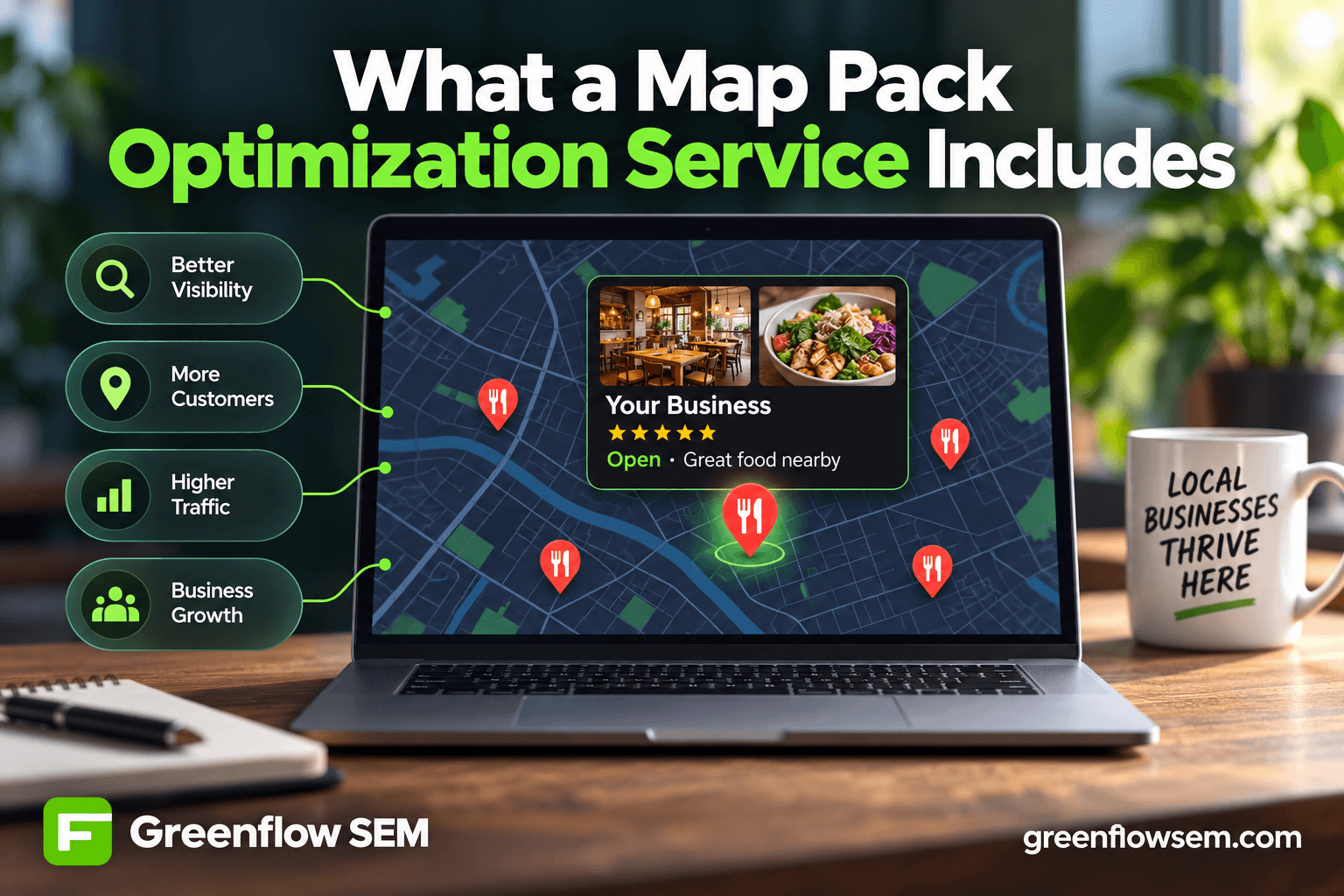 Illustration of a map pin connected to three local business storefronts with star ratings, feeding into a phone showing an incoming call, representing map pack optimization.