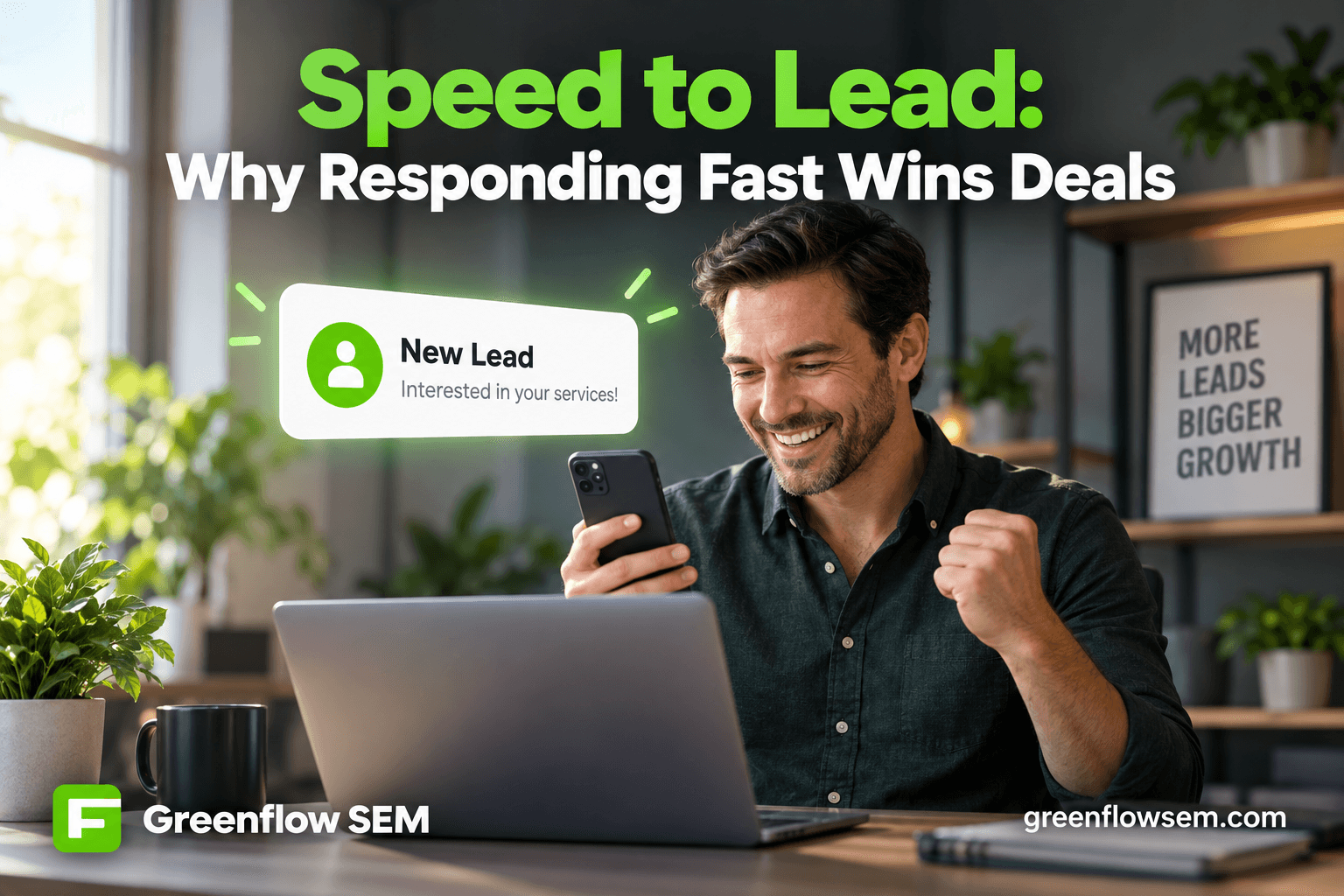 A phone receiving a lead notification next to a stopwatch showing a fast response time