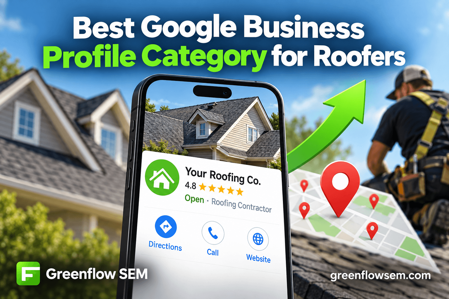 Illustration of a map pin representing a roofing business with category tags connecting to it, symbolizing choosing the right Google Business Profile category