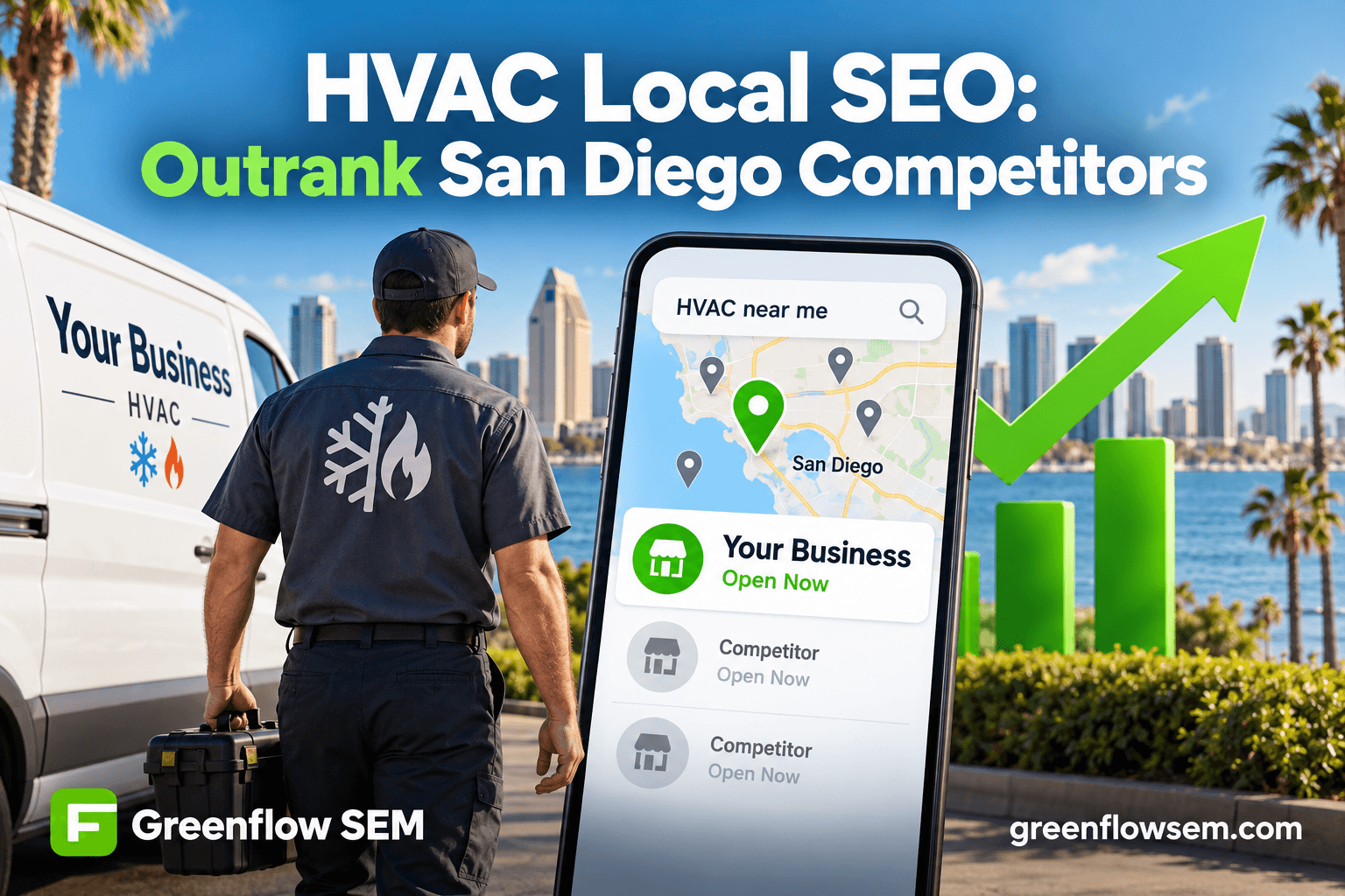 HVAC service trucks and map pins representing local SEO rankings for HVAC companies in San Diego