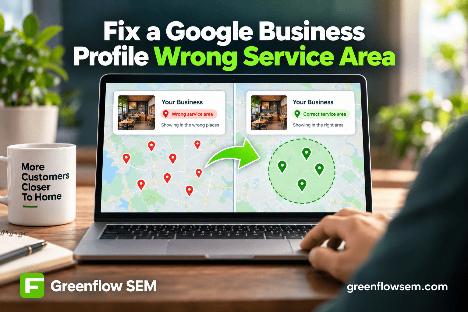 Hand correcting a misplaced location pin on a map representing a Google Business Profile service area